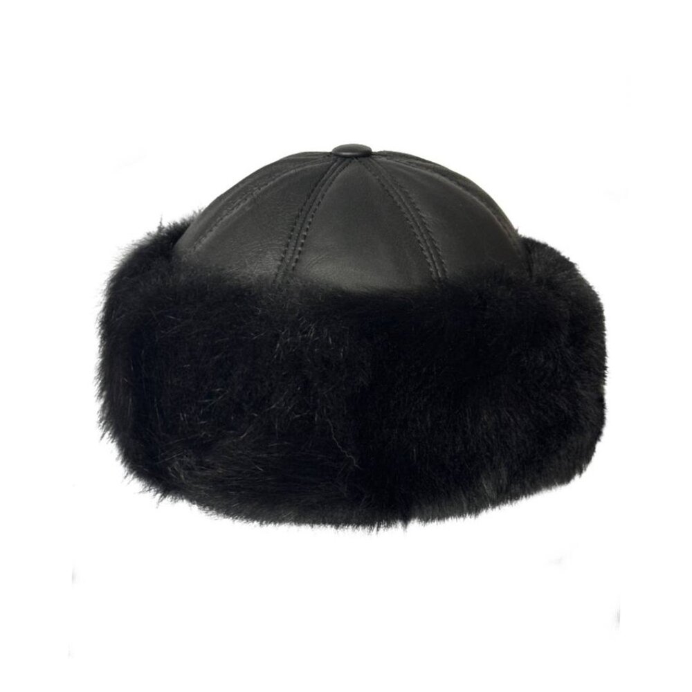 Black Leather Hat Genuine Shearling Sheepskin Leather Fur Beanie Toscana